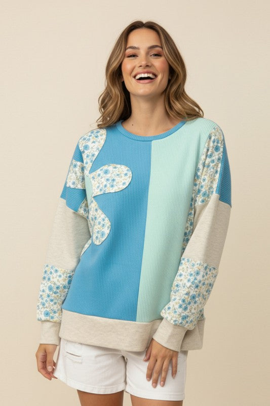 Floral Patchwork Color Block Oversized Top (Plus)