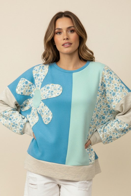 Floral Patchwork Color Block Oversized Top (Plus)