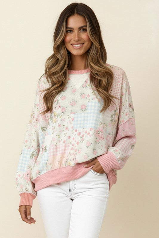 Blush Pink Floral Patchwork Long Sleeve Top (PLUS)
