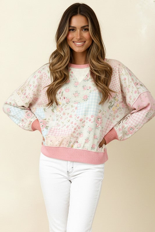 Blush Pink Floral Patchwork Long Sleeve Top (PLUS)