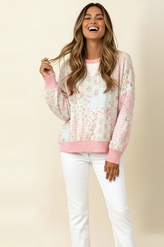 Blush Pink Floral Patchwork Long Sleeve Top (PLUS)