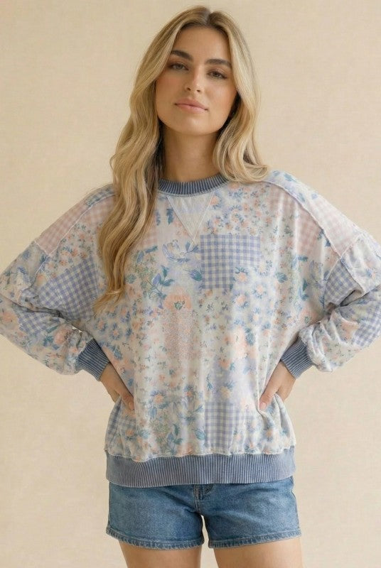 Blue Floral Patchwork Long Sleeve Top