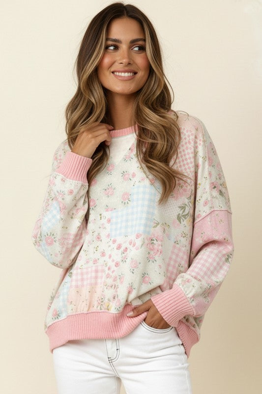 Blush Pink Floral Patchwork Long Sleeve Top (PLUS)