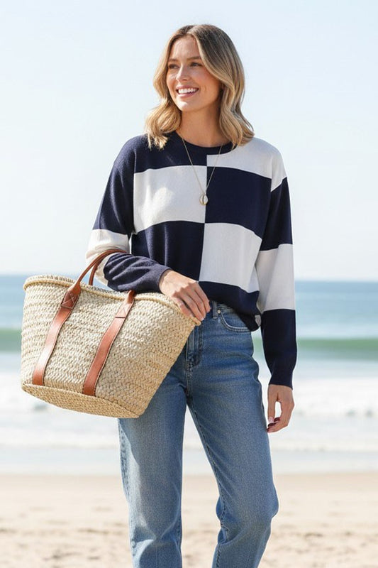 Checkered Coastal Chic Pullover Sweater--Navy/White