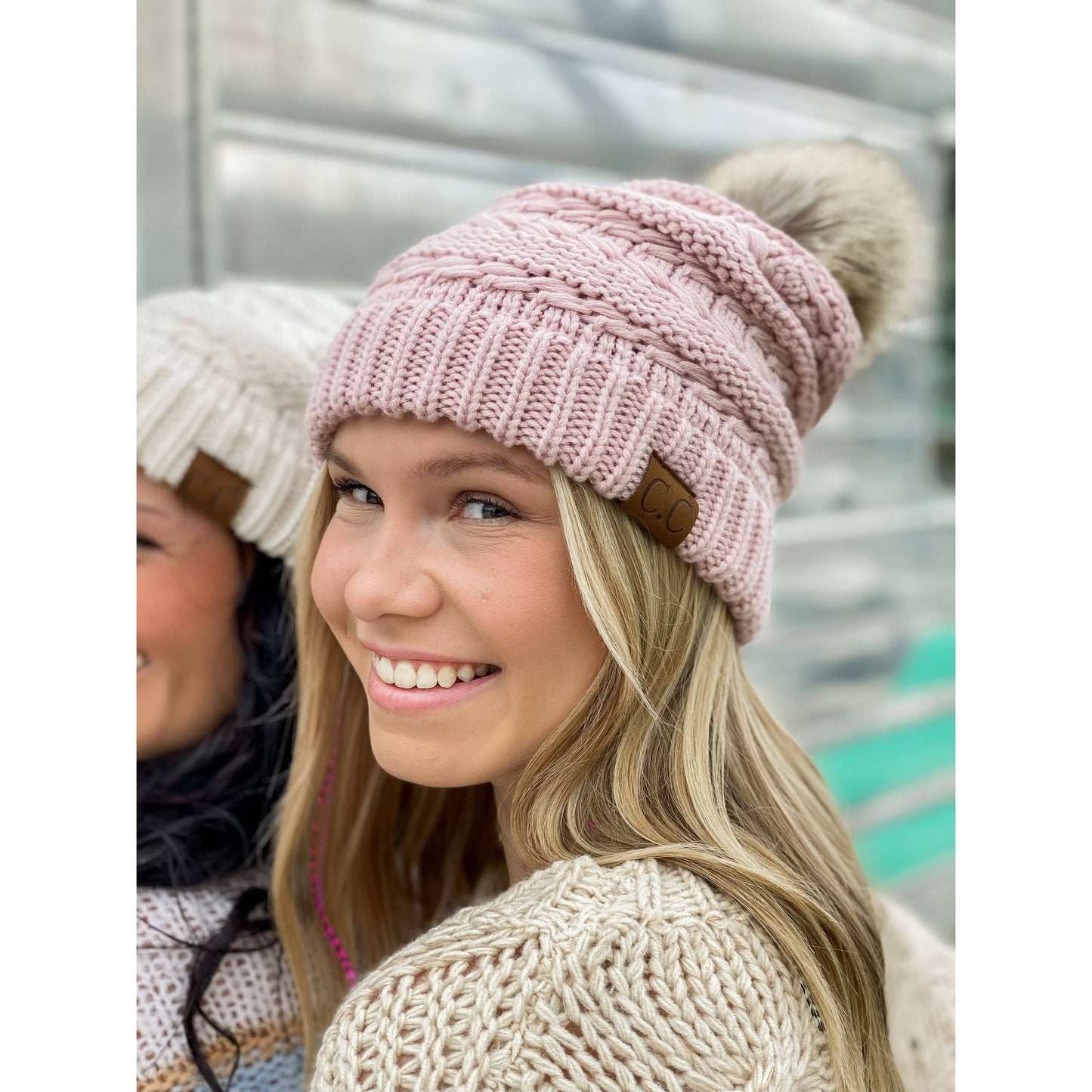 Whipstitch Knit Faux Fur Pom Beanie (2 Colors)