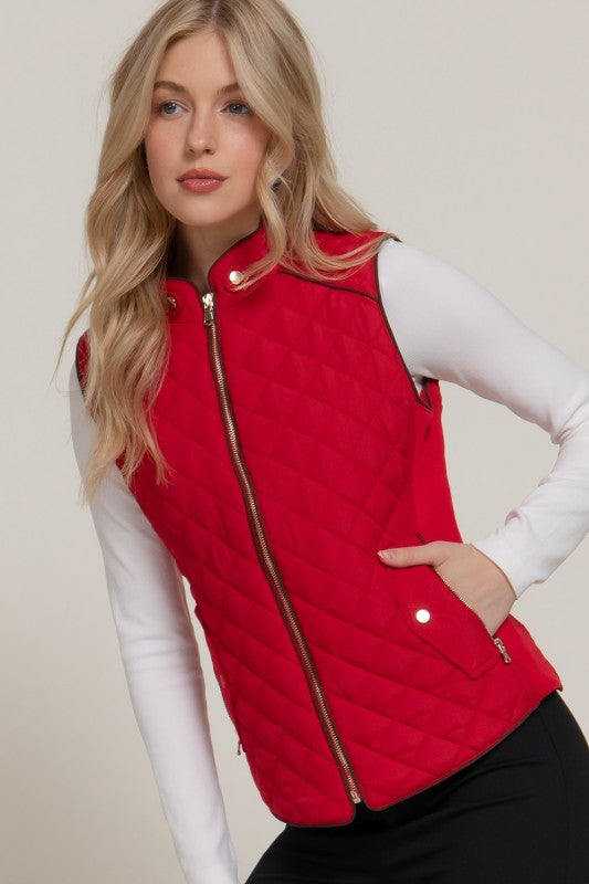 Suede Piping Quilted Padding Vest--Red