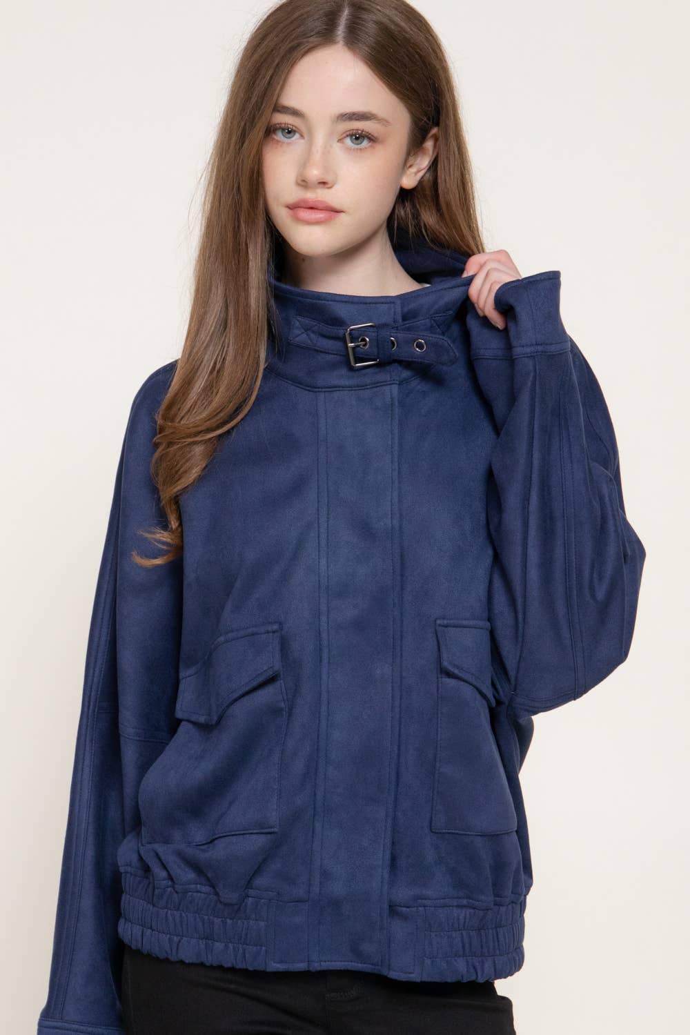 High Neck with Tab Front Patch Pocket Faux Suede Jacket