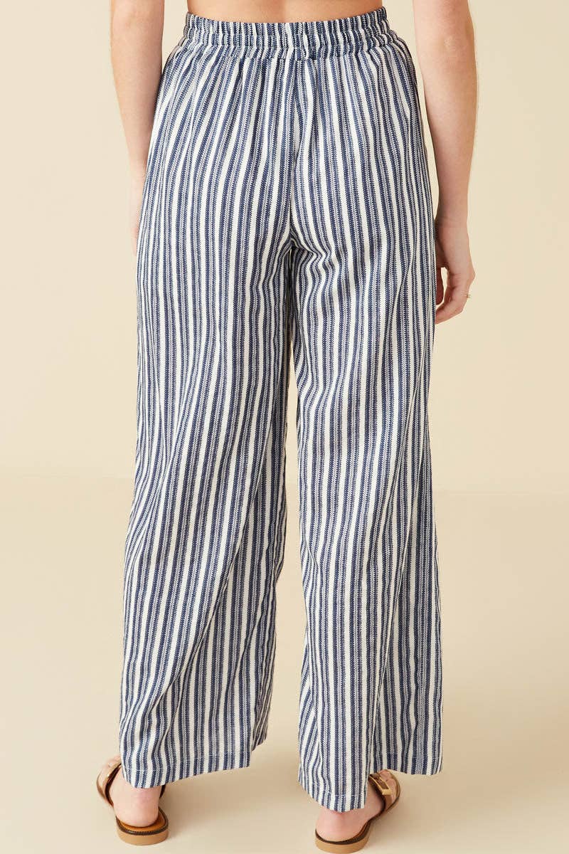 Navy Textured Stripe Drawstring Wide Leg Pants