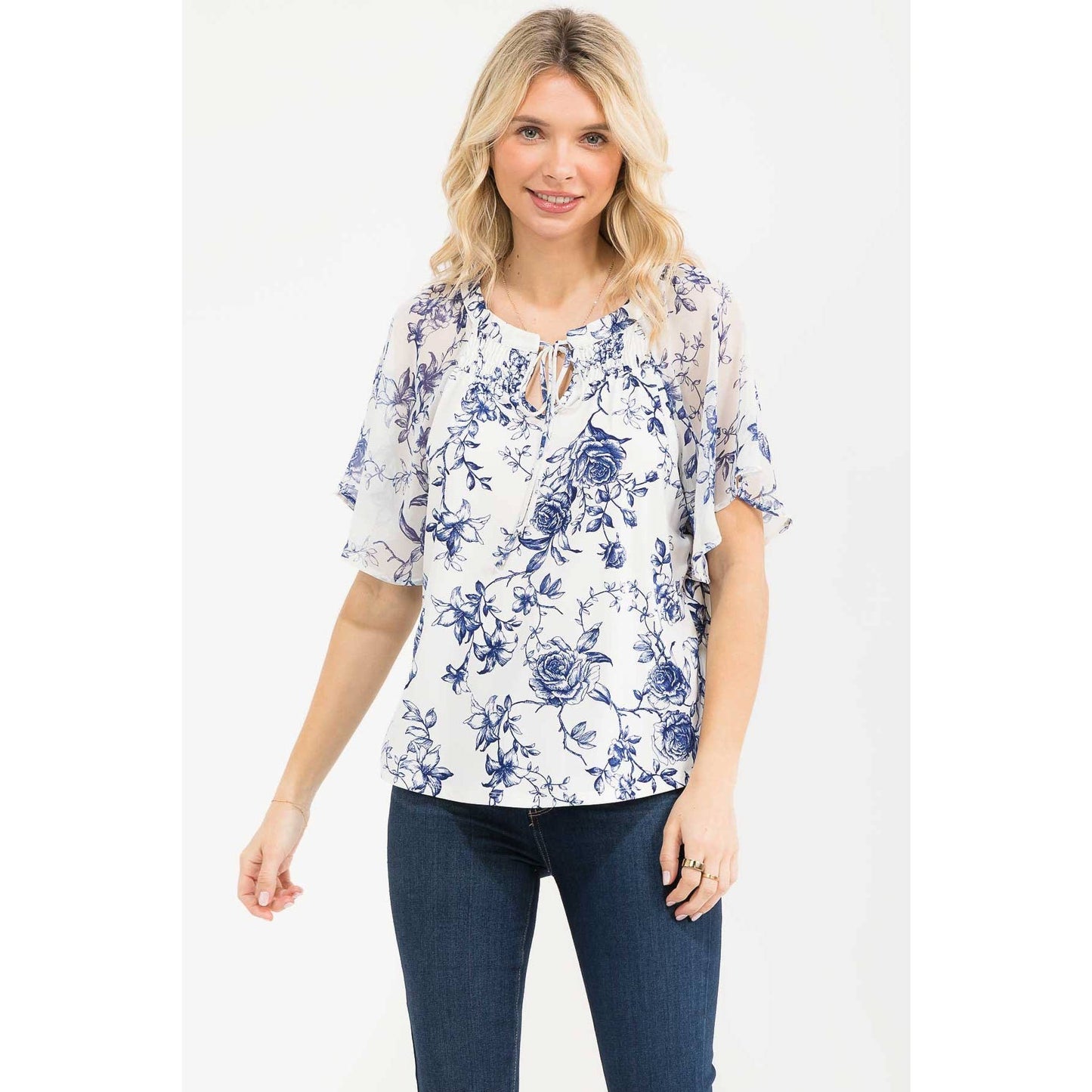 Navy Floral Mixed Media Floral Peasant Top
