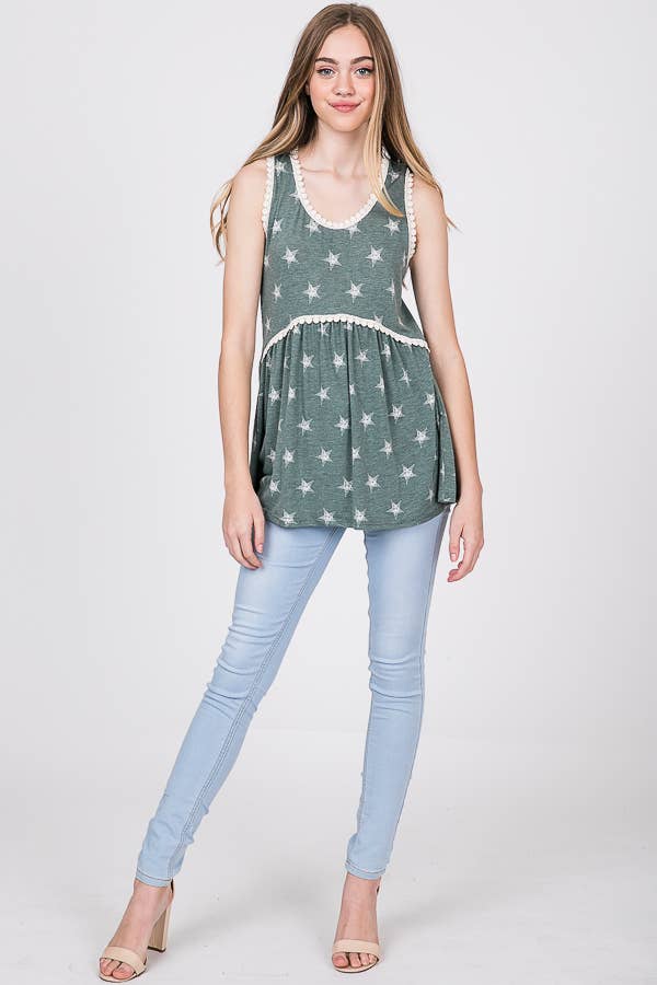 Star Print Lace Trim Babydoll Tank