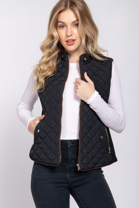 Suede Piping Quilted Vest--Black