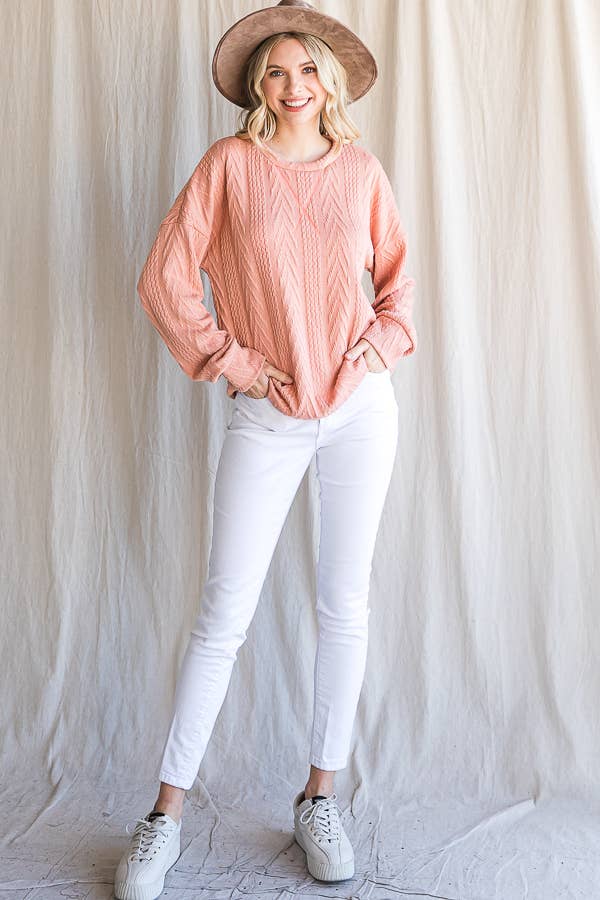 Rose Casual Drop Shoulder Cable Knit Top
