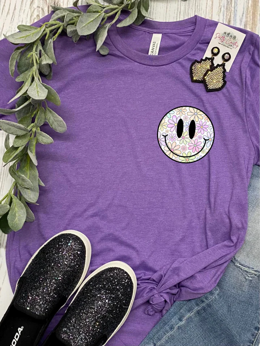 Smiley Flowers Pocket on Purple Tee