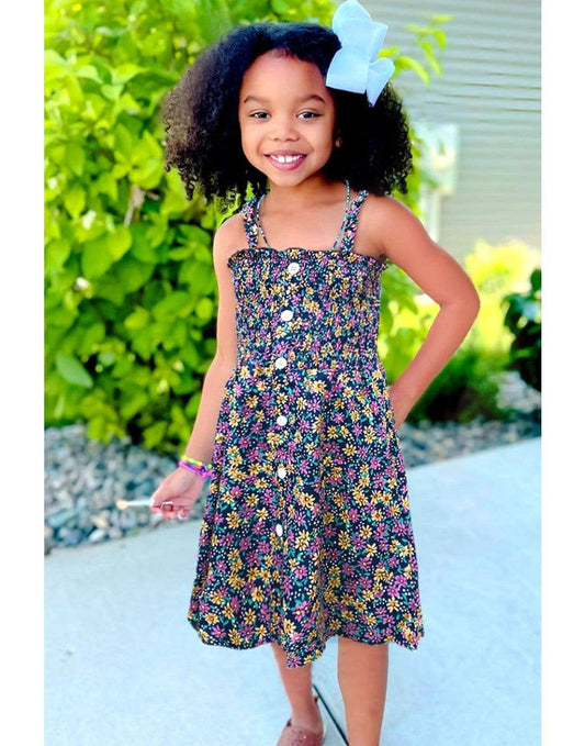 Girl's Black Multi Floral Smocked Dress