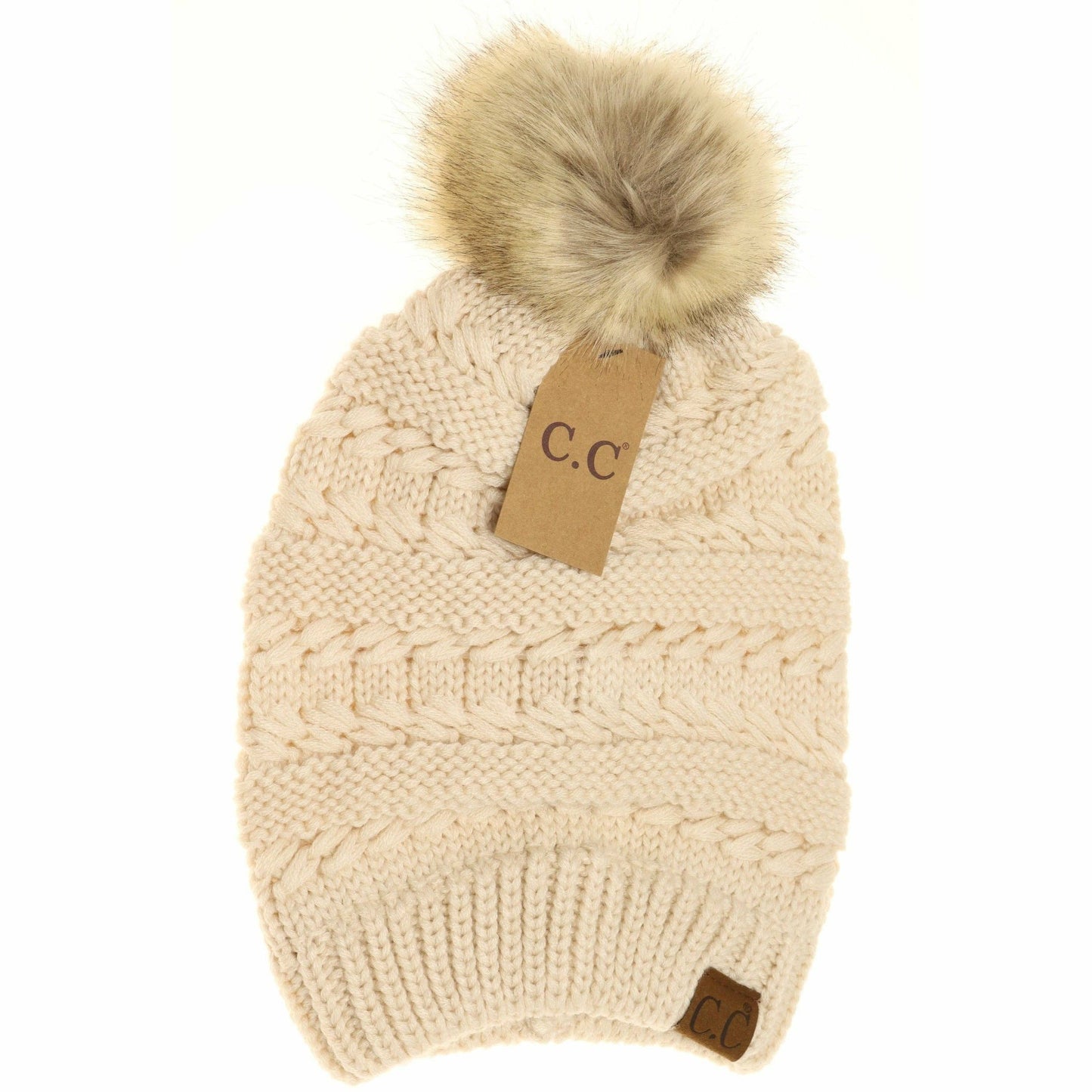 Whipstitch Knit Faux Fur Pom Beanie (2 Colors)
