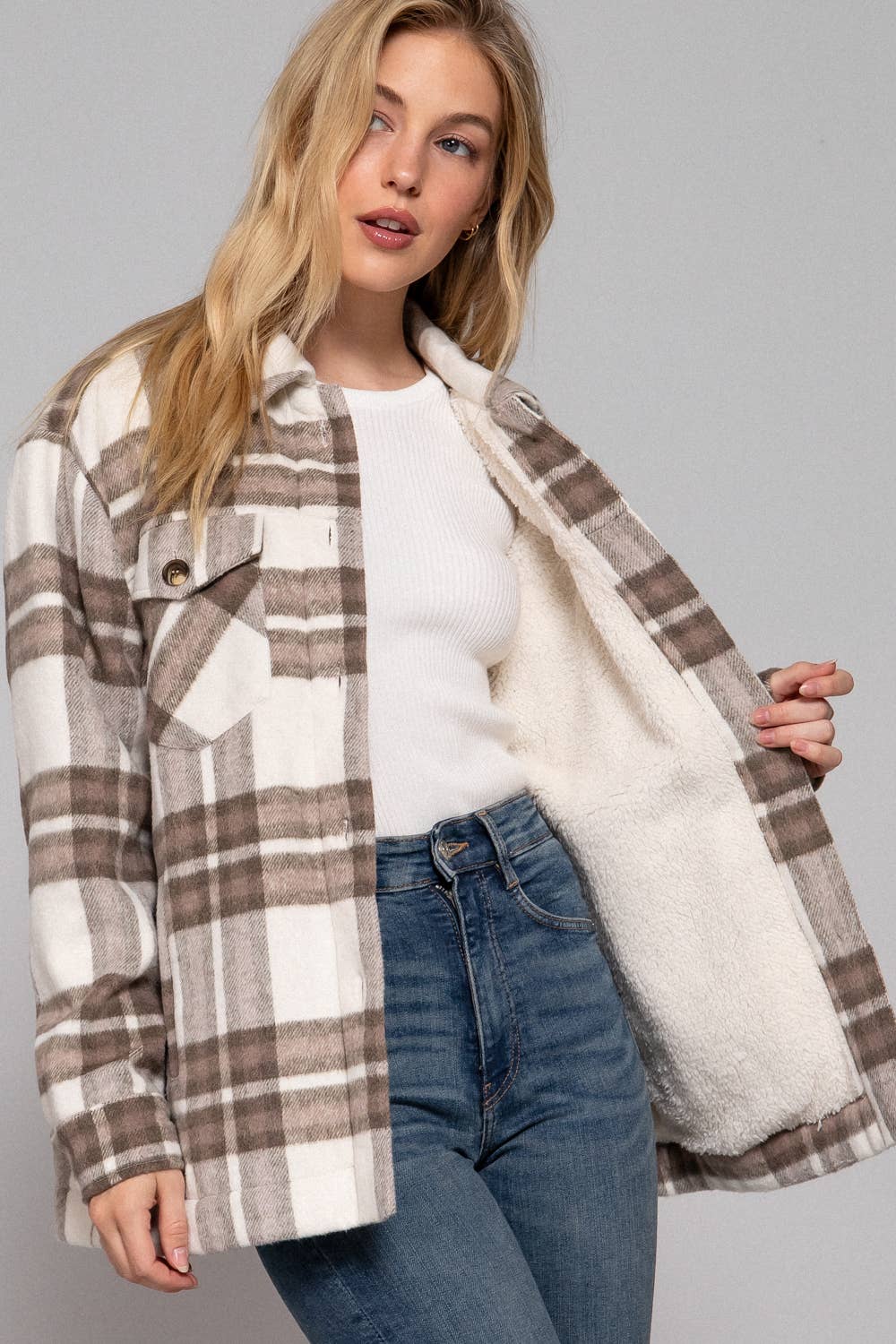 Taupe Inside Faux Fur Brushed Plaid Jacket