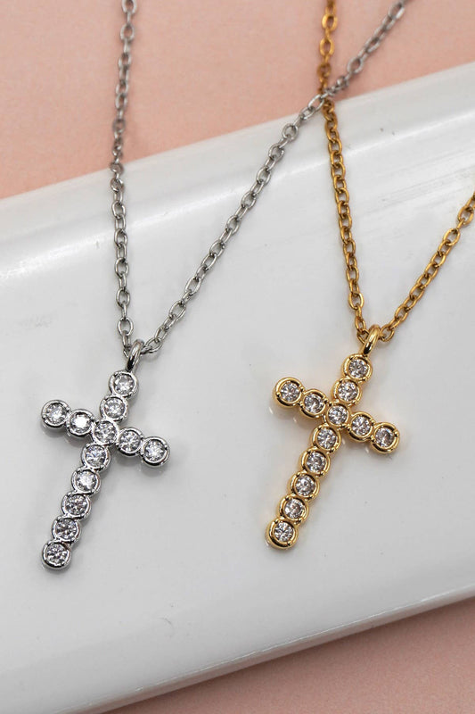 Catherine Rhinestone Cross Necklace (Silver or Gold)