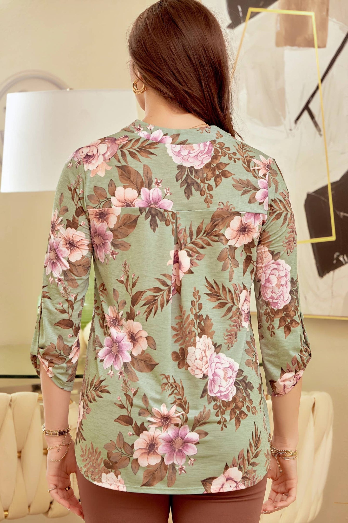 Floral Print 3/4 Sleeve Wrinkle Free LIZZY Top: SAGE