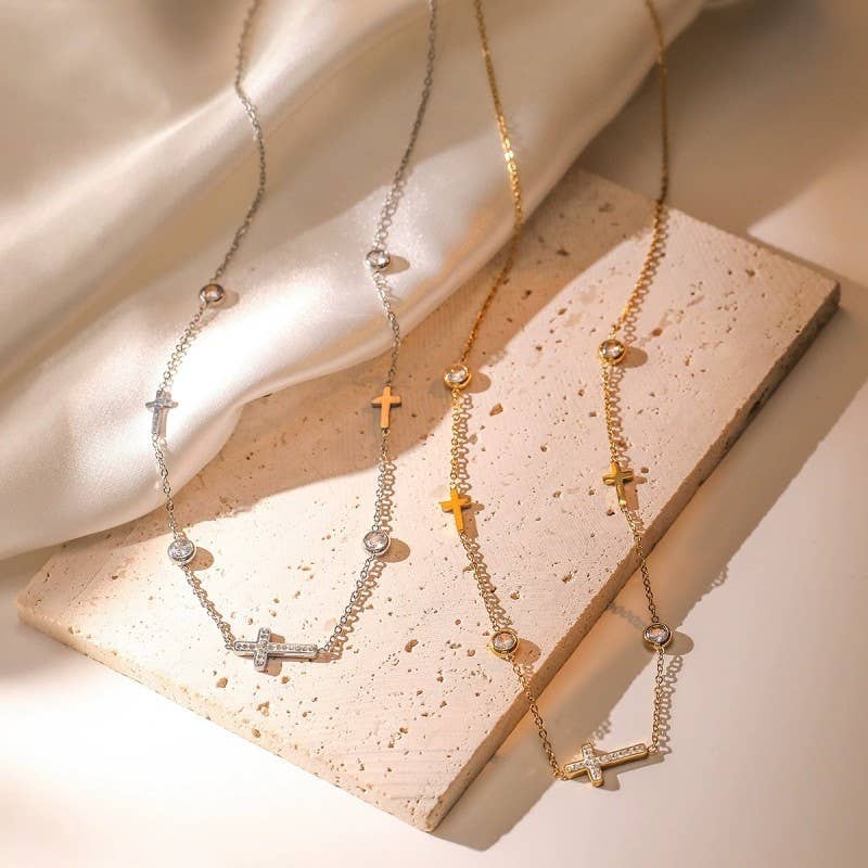 Rhinestone Cross and Circular Charm Station Necklace
