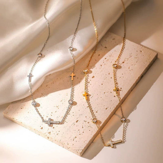 Rhinestone Cross and Circular Charm Station Necklace