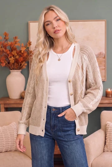 Taupe Two Tone Cable Knit Cardigan