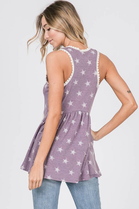 Star Print Lace Trim Babydoll Tank