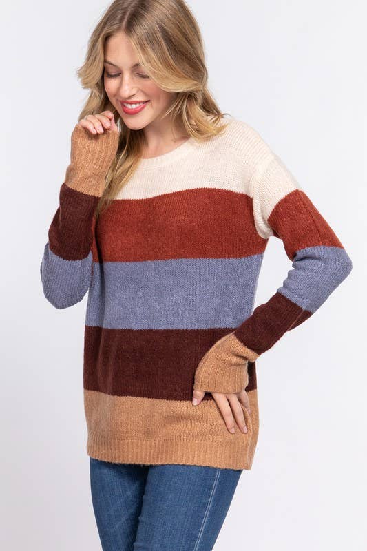 Rust Crew Neck ColorBlock Sweater