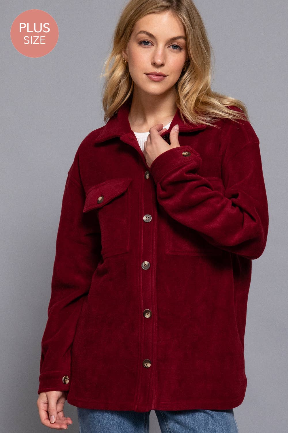 Wine Notched Collar Front Pocket Fleece Jacket (Plus)