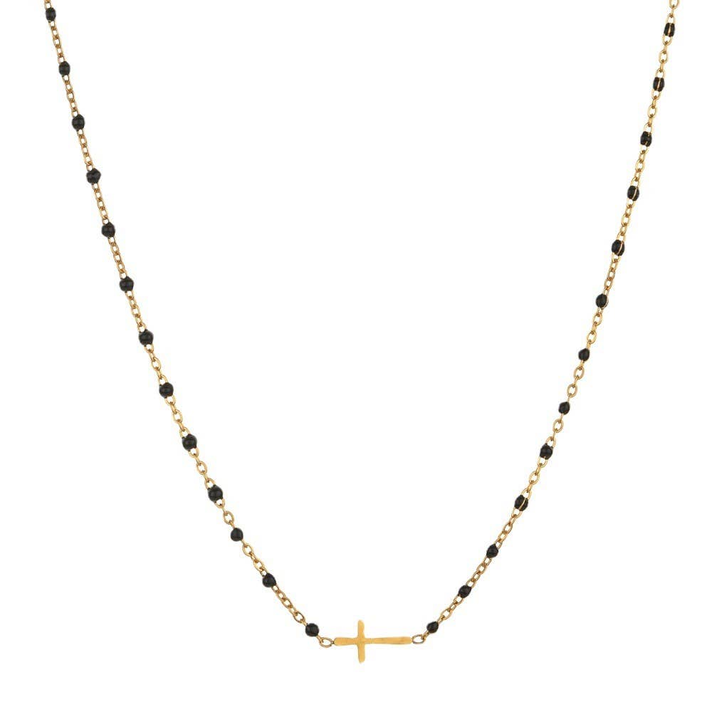 Black Beaded Cross Necklace