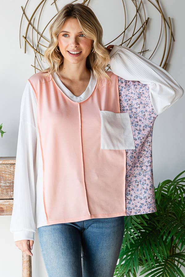 Floral Patchwork Panel Front Pocket V Neck Pullover Top
