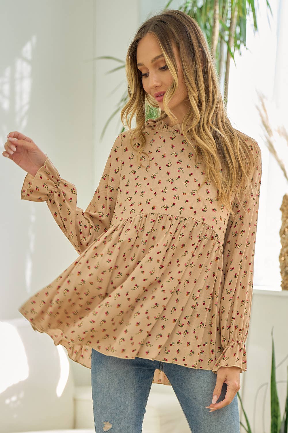 Rust Floral Mock Neck Blouse