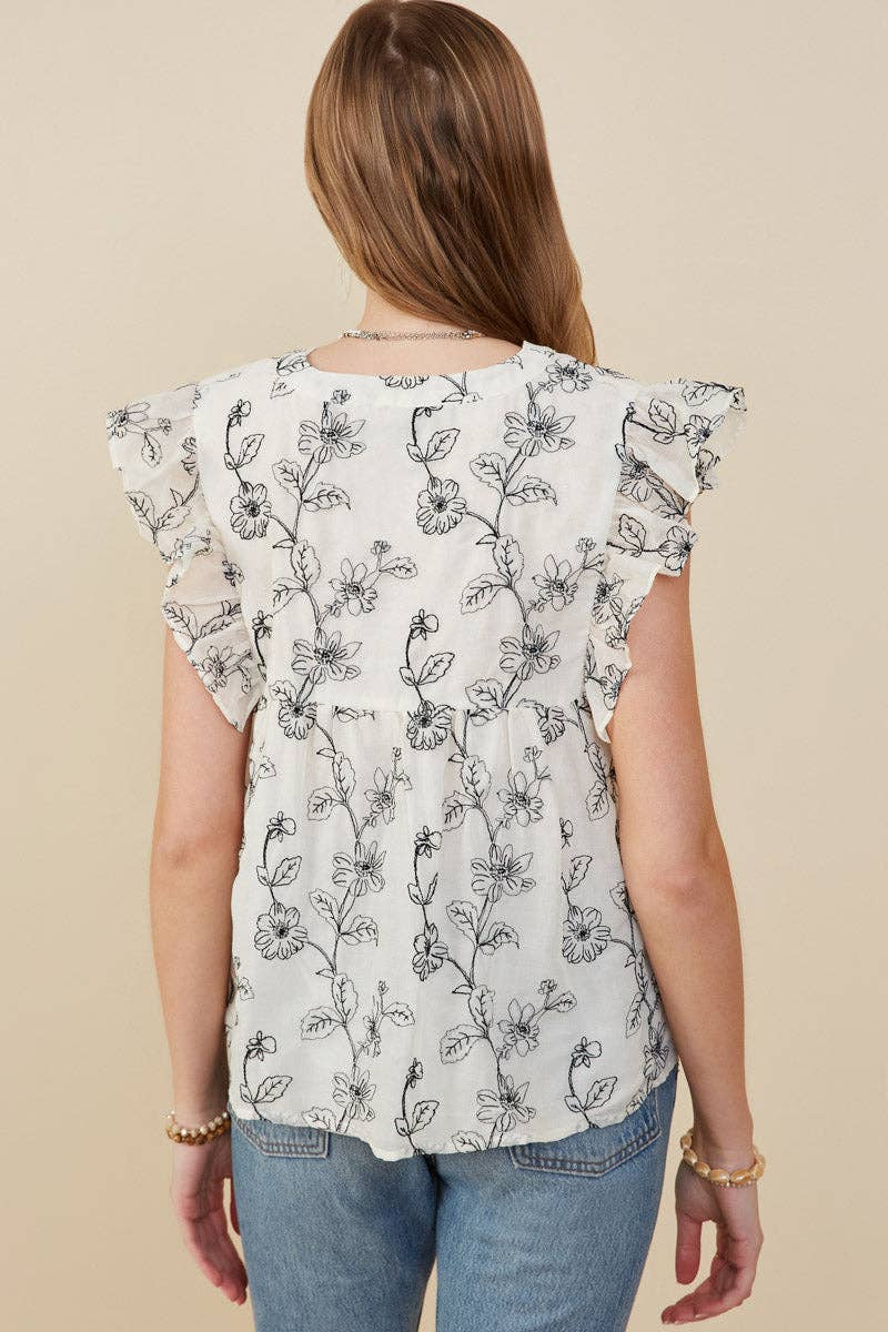 Botanical Embroidered V Neck Ruffled Tank
