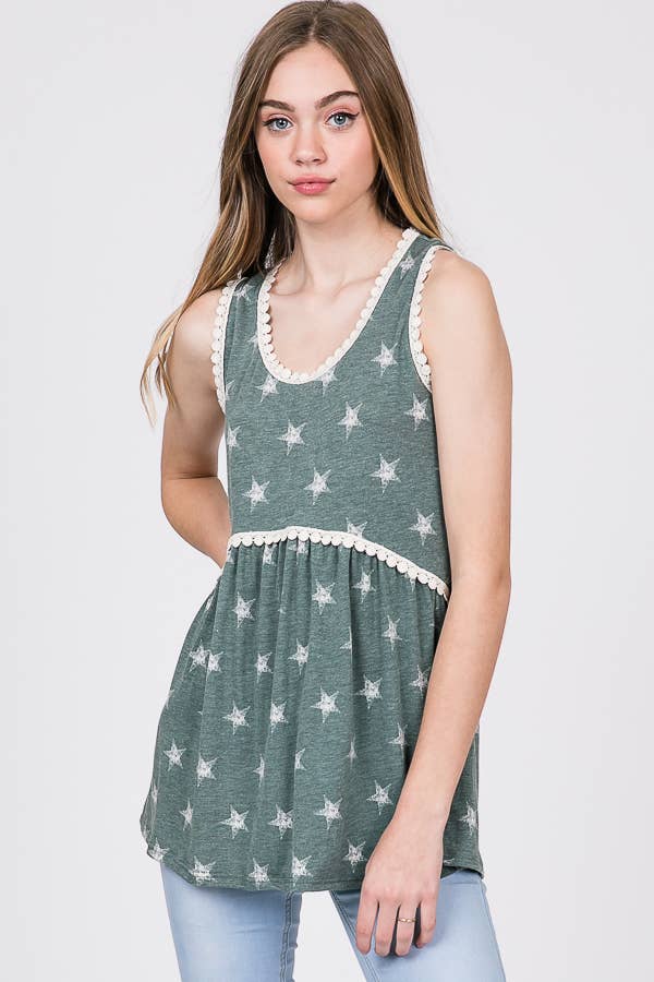 Star Print Lace Trim Babydoll Tank