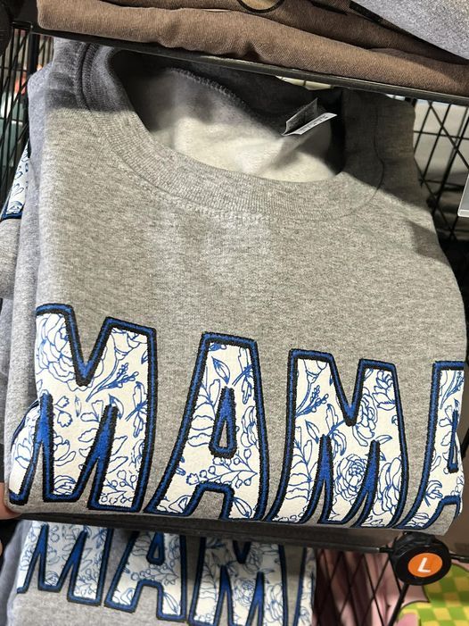 Mama Faux Embroidery Blue Floral Gray Crew RTS