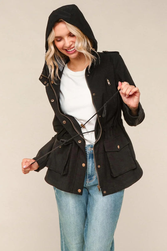 Hooded Zipper Up Jacket With Waist Adjustment