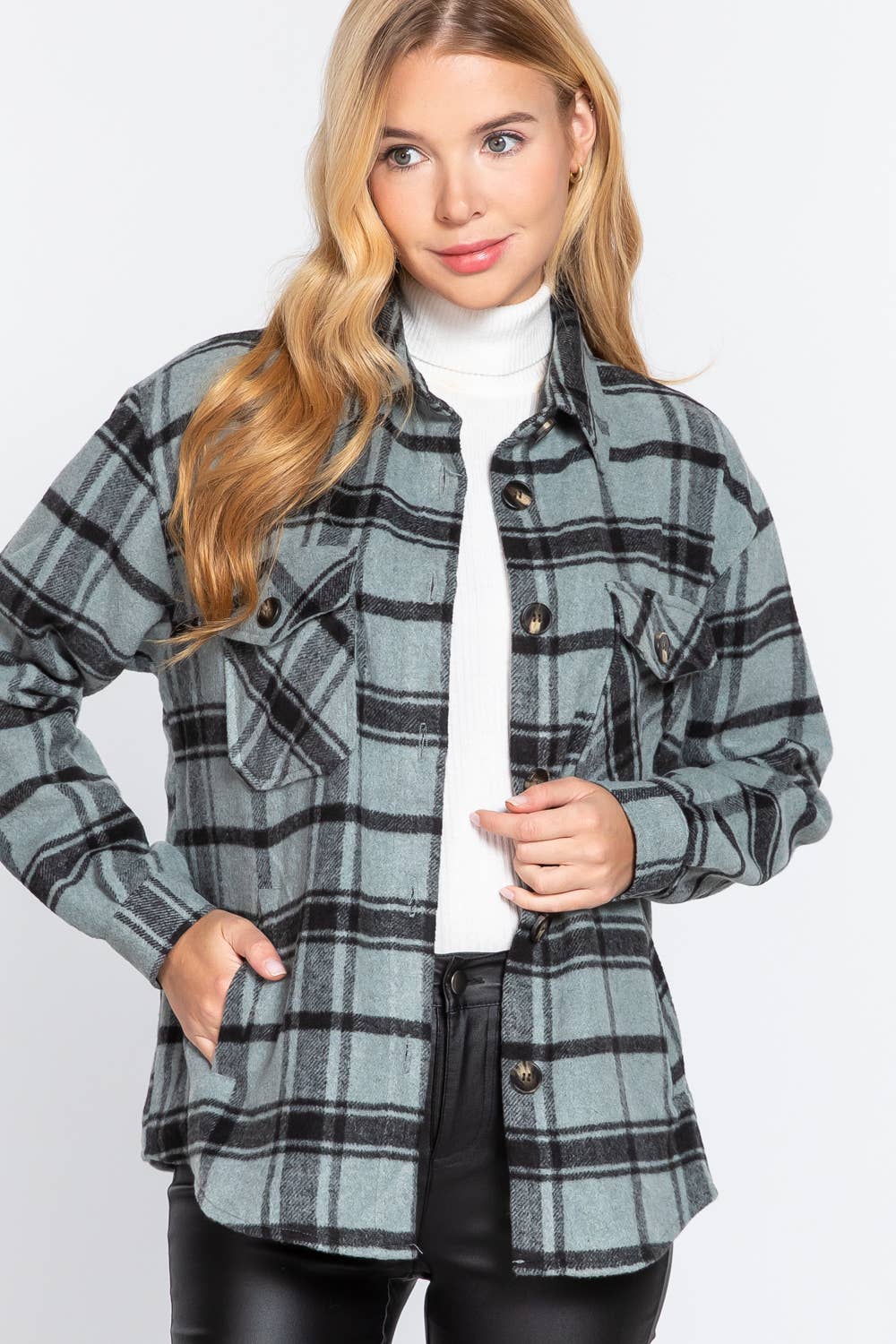 Teal Plaid Button Down Shacket