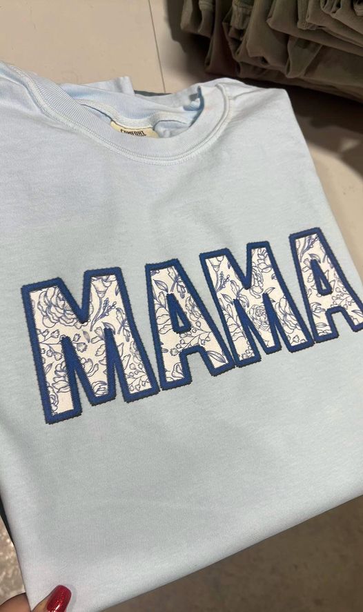 Mama Faux Embroidery Blue Floral Gray Crew RTS