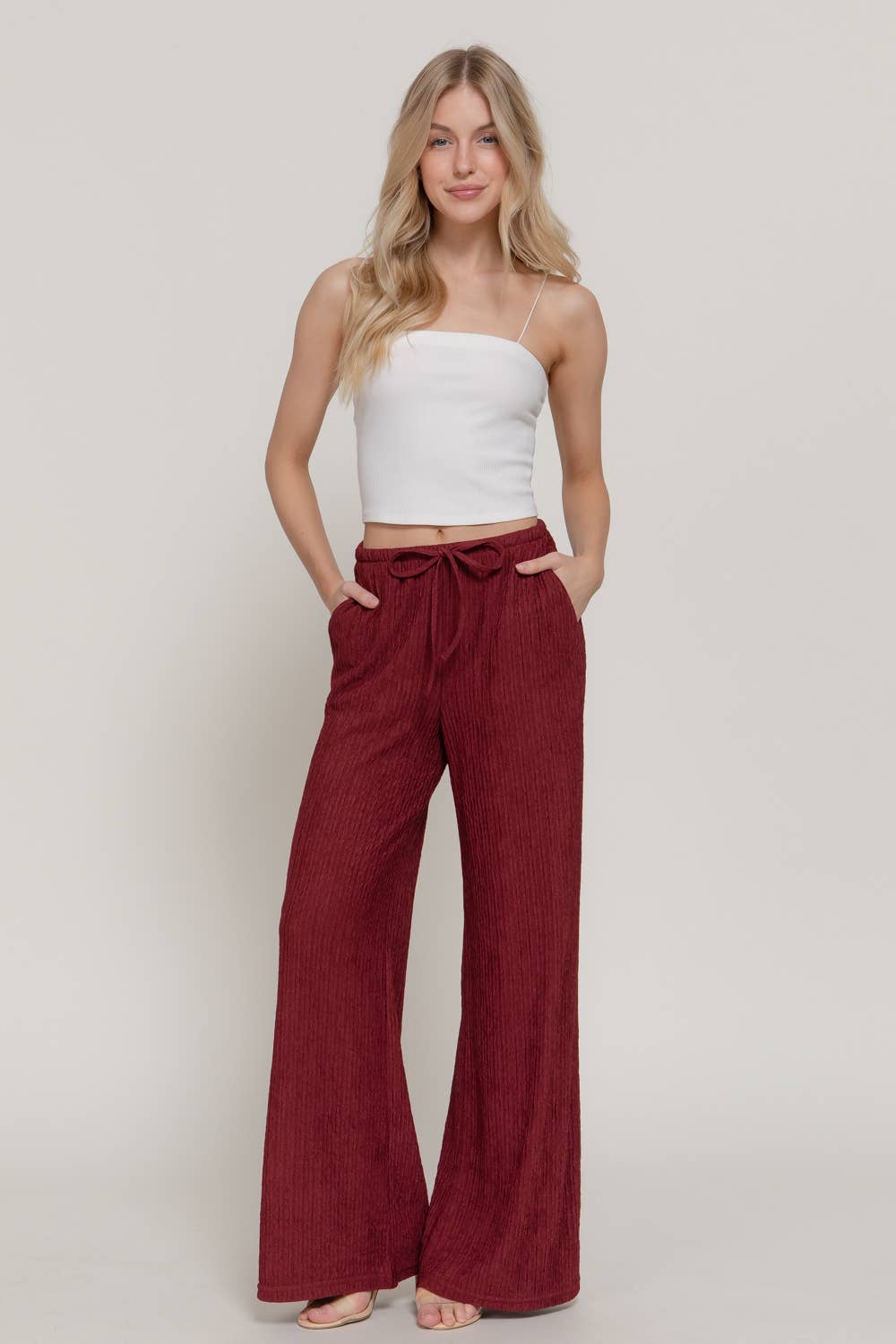 Wine Crinkle Knit Long Pants
