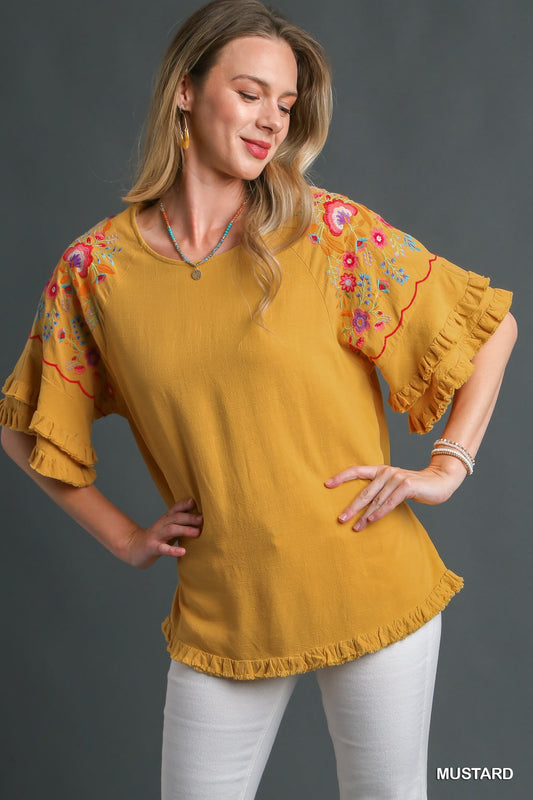 Embroidered Frayed Hem Bell Sleeve Top