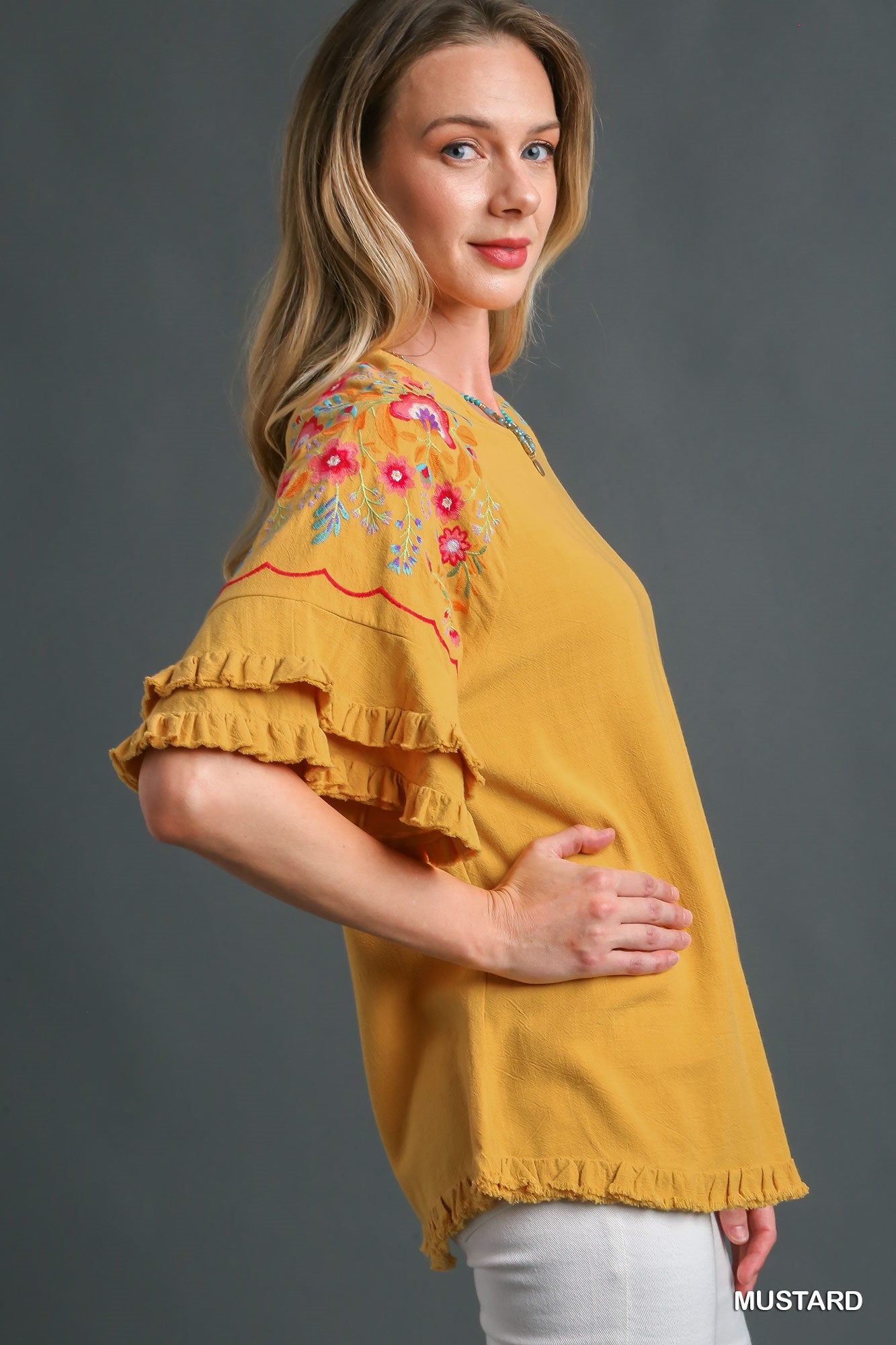 Embroidered Frayed Hem Bell Sleeve Top