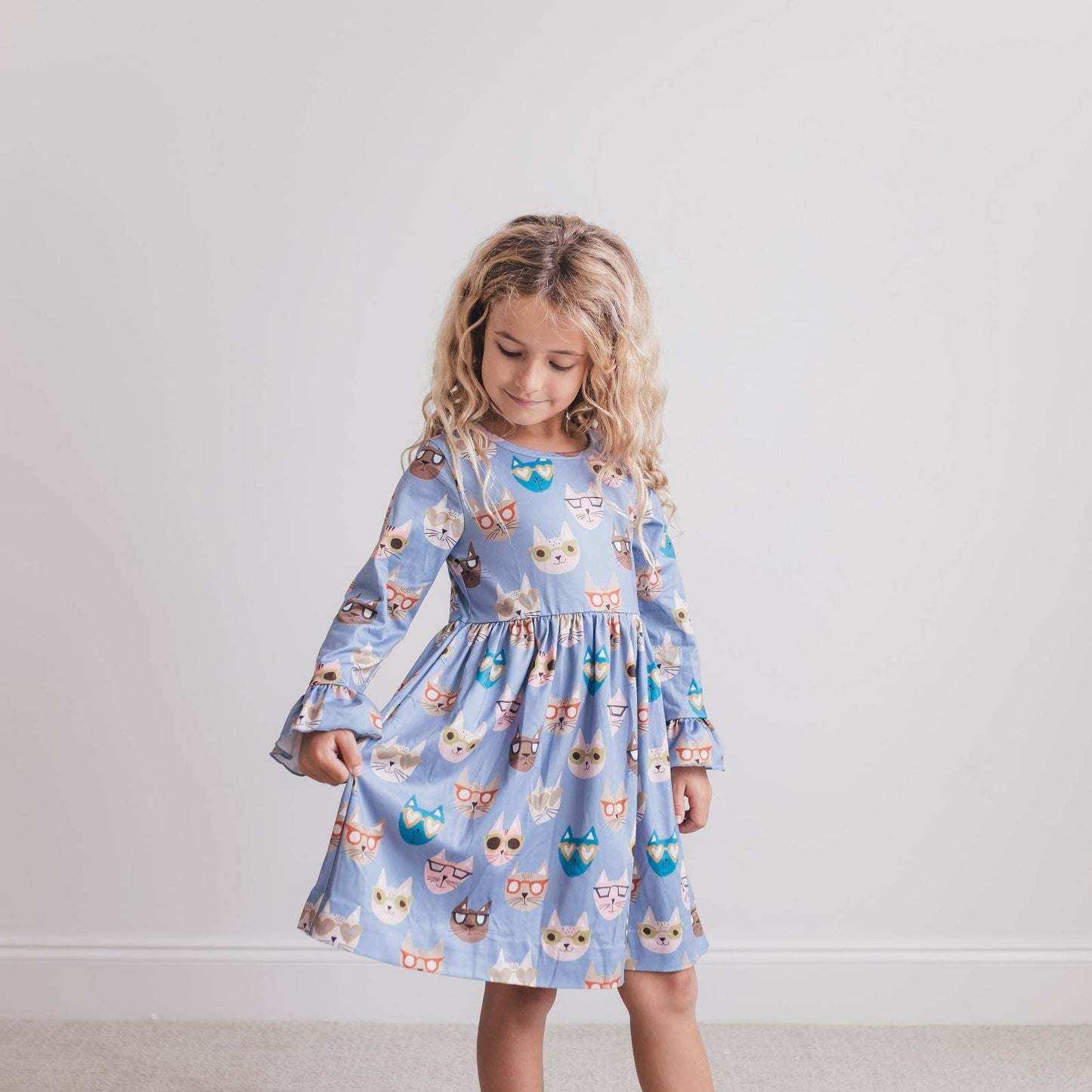 Kids Claire Periwinkle Cool Cat Print Twirl Fall Dress