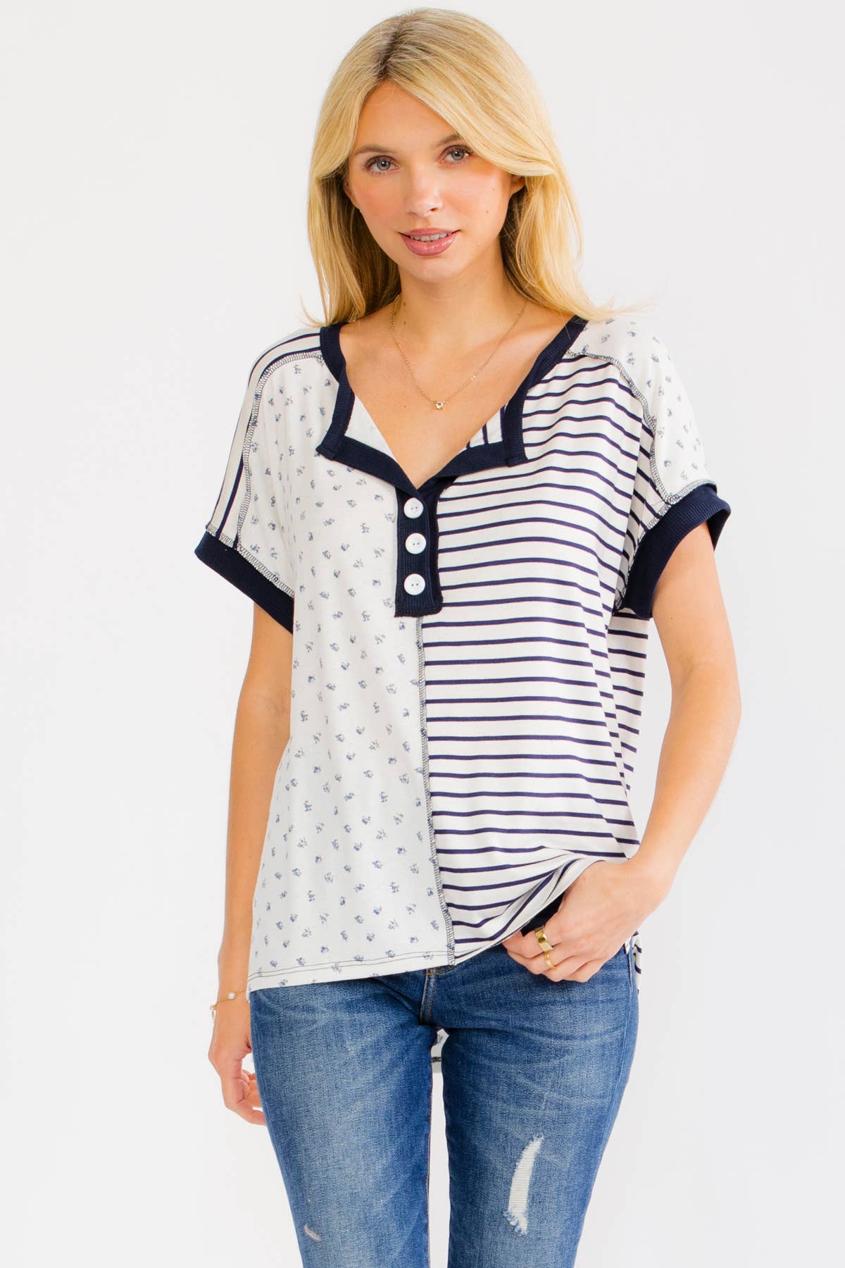 Mixed Print Contrast Henley Top
