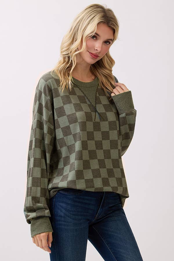 Olive Checkered Print Pullover Top