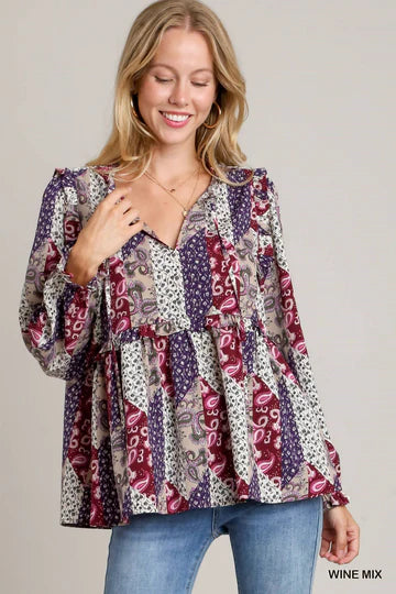 Mixed Print Ruffle Blouse--Wine Mix