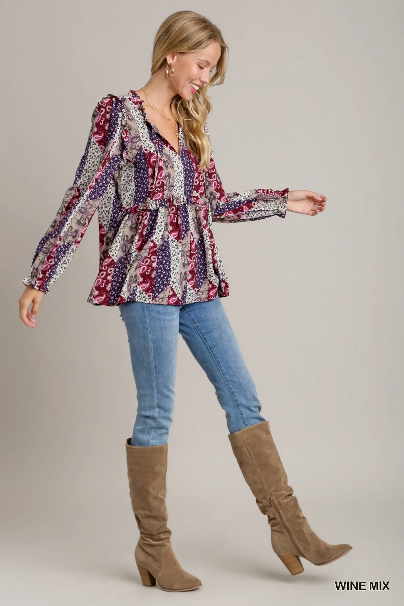 Mixed Print Ruffle Blouse--Wine Mix