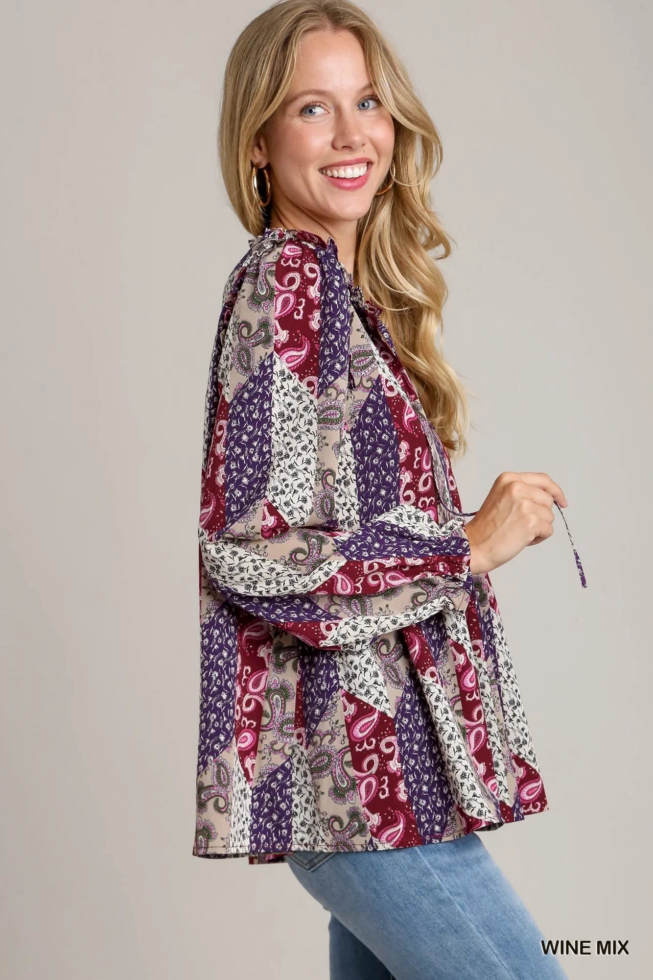 Mixed Print Ruffle Blouse--Wine Mix