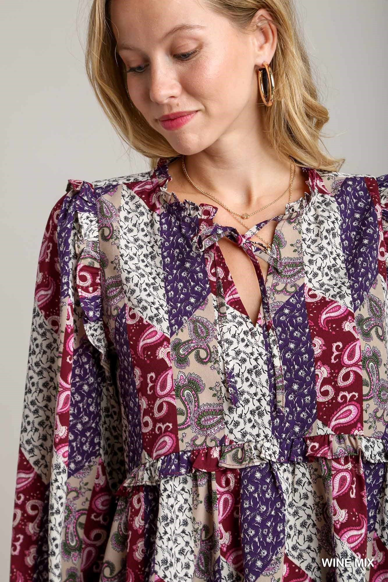 Mixed Print Ruffle Blouse--Wine Mix