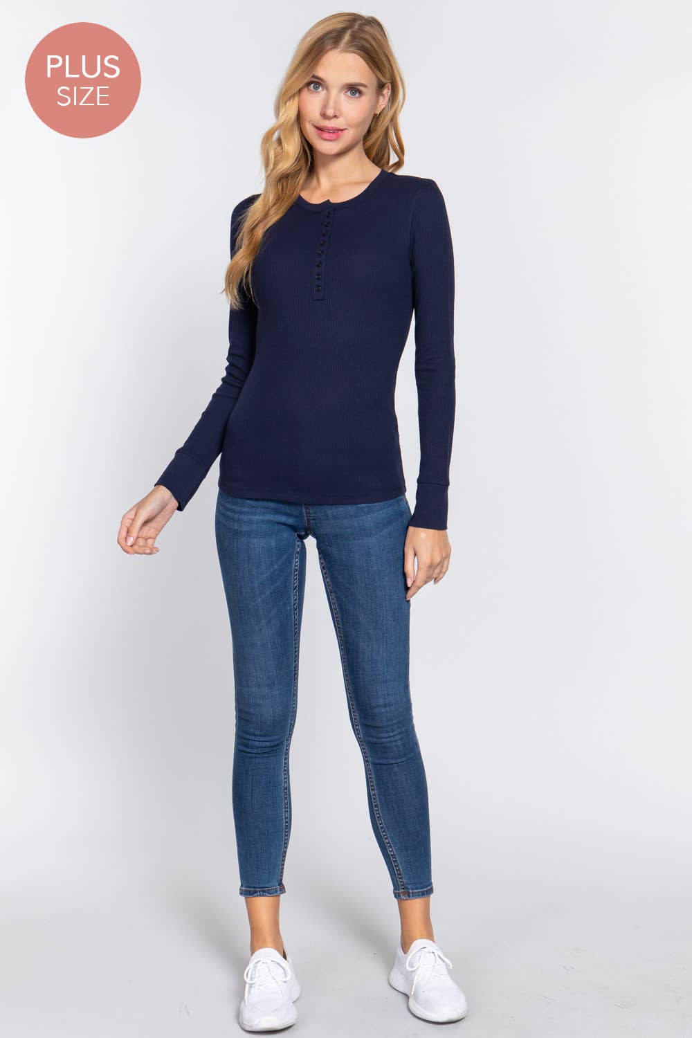 [PLUS SIZE] Long Sleeve Henley Thermal Knit Top