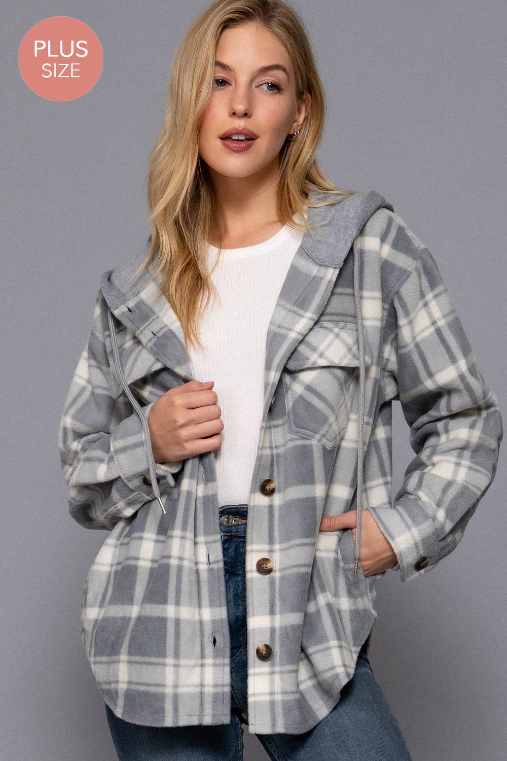 Gray Plaid Button Down with Hoodie Fleece Jacket (Plus)