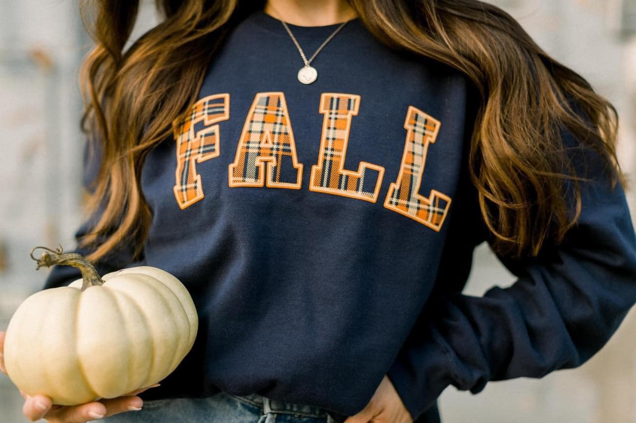 Fall Plaid Crew--Faux Embroidery